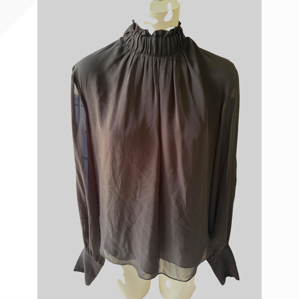 FRAME Noir Black 100% Silk Smocked High Neck Sheer Sleeve Blouse LWSH2478 Size M